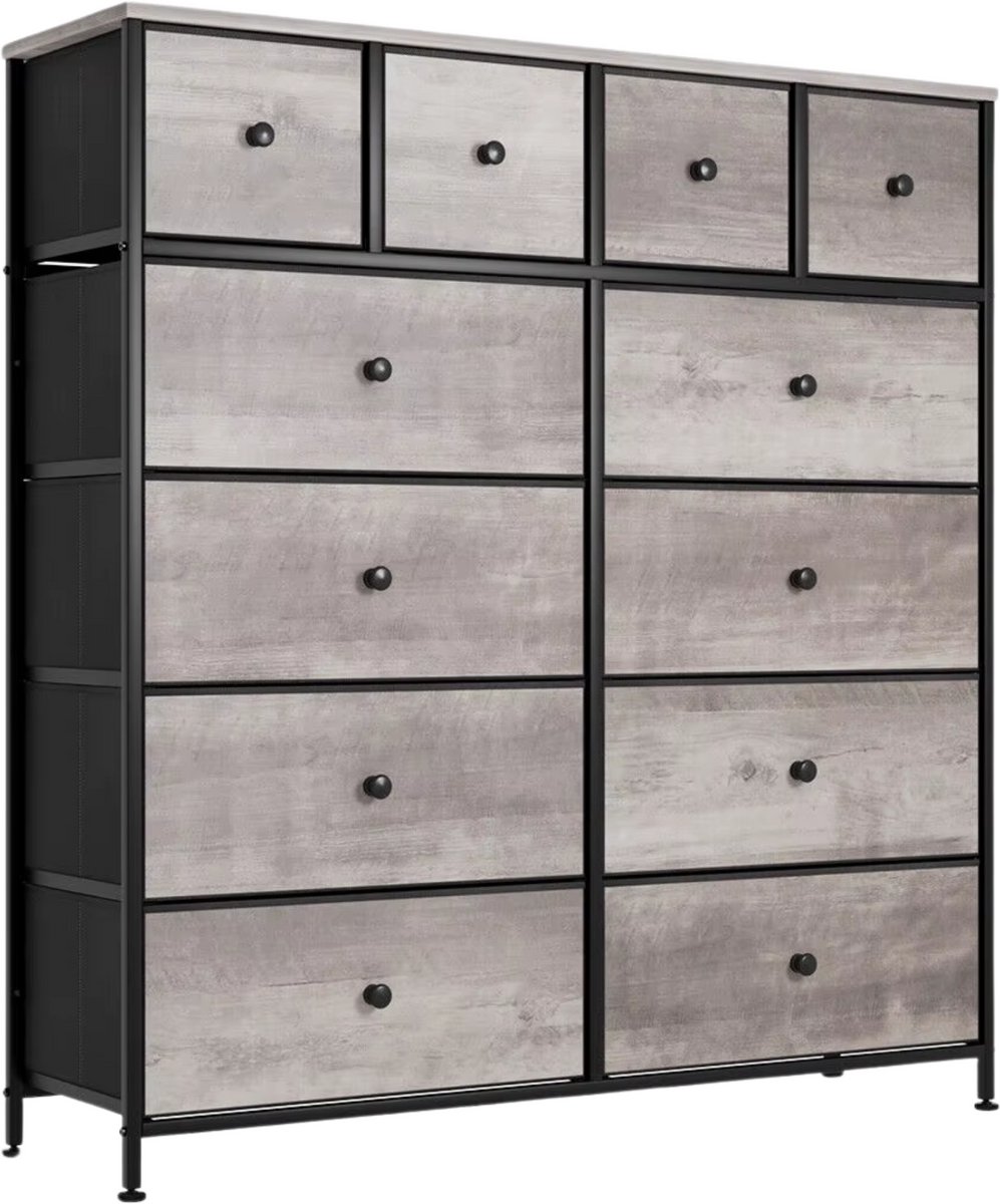 Bolt Edge Dressoir kast - Grijs - voor Woonkamer of slaapkamer met 12 Lades - Stof en stalen frame - Ladekast - Opbergkast Zwart
