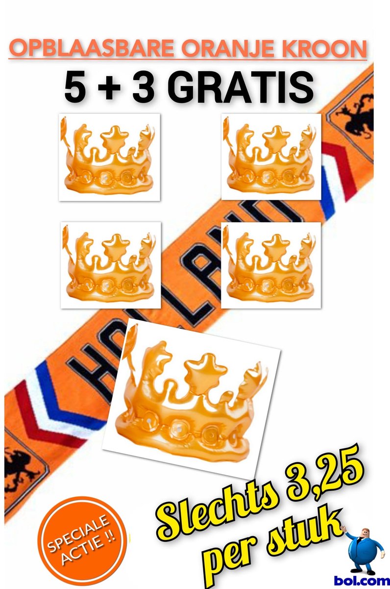 5 + 3 GRATIS Opblaasbare Oranje Kroon 44cm - Koningsdag - Euro Cup - EK Voetbal / Football - Nederlands elftal - Fan Item - Versiering - Festival - Formule 1 - Vrijgezellenfeest - Dutch Orange - Orange Crown - Olympische spelen - Engeland