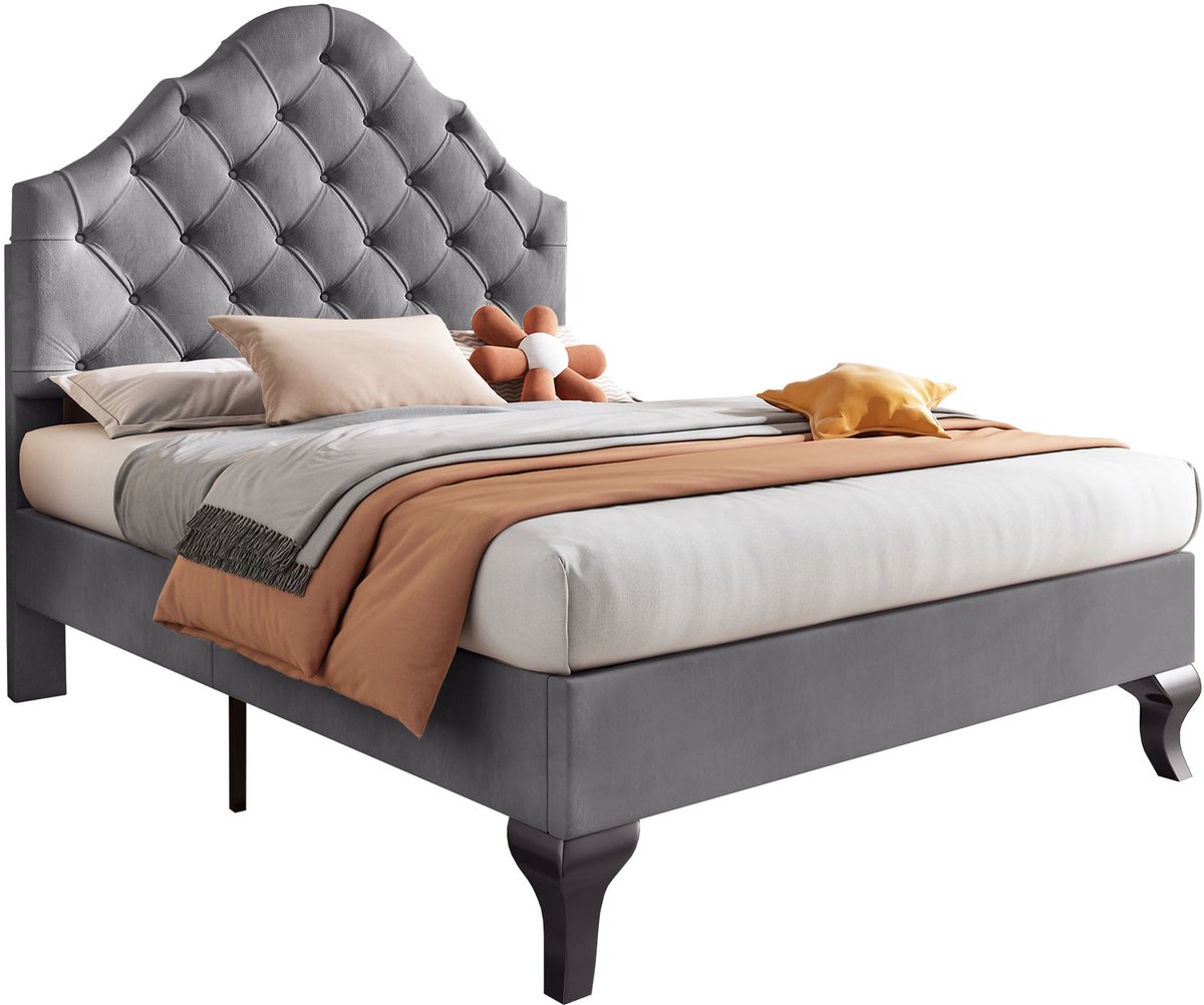 Merax Gestoffeerd Bed 90x200 cm met Lattenbodem en Hoogte Verstelbaar Hoofdbord - Fluweel Grijs - Geschikt voor Volwassenen & Tieners