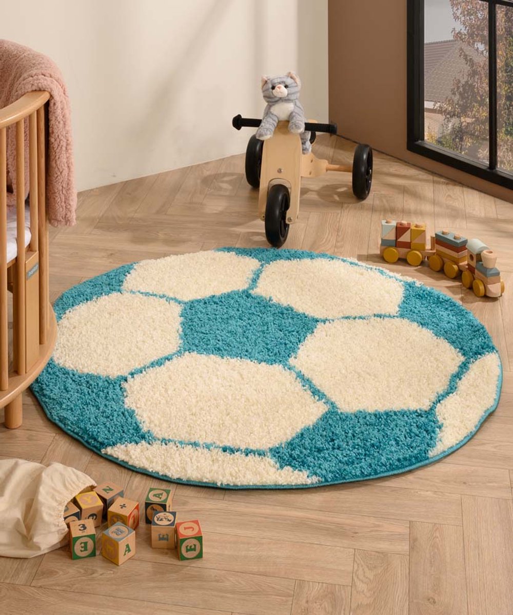 Rond vloerkleed Kinderkamer - Voetbal crème/turquoise 120 cm
