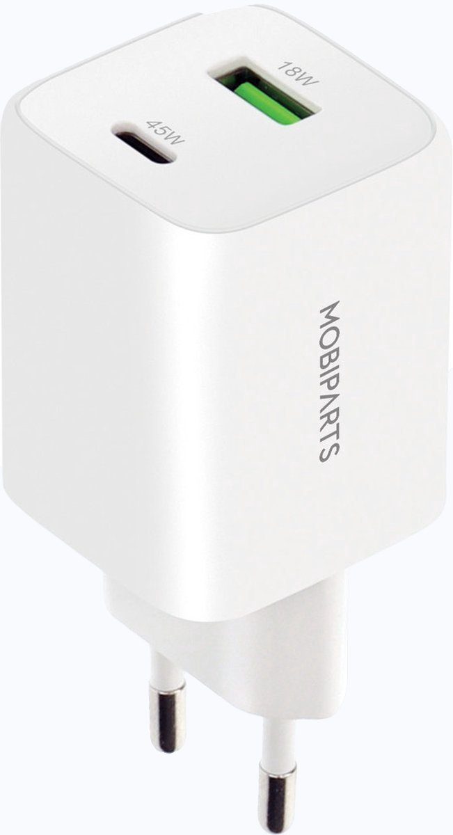 Mobiparts - 45Watt Universele GaN QC Snellader 45W - 2 Poorten (USB-C & USB-A) - GaN Technologie - PD 3.0 - Geschikt voor o.a. Tablets, Apple iPhone en Samsung Smartphones