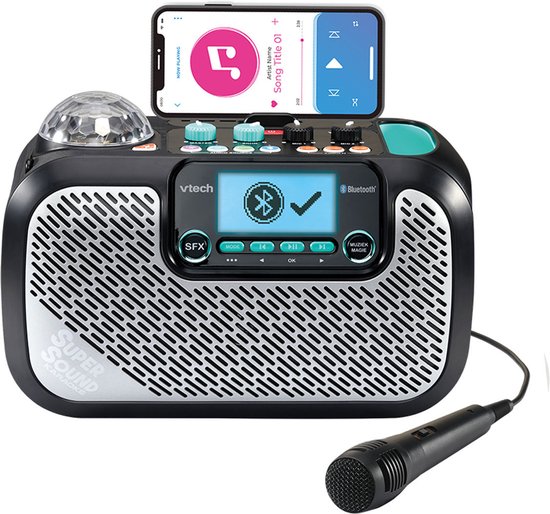 Zwarte VTech Super Sound Karaoke speaker met microfoon en telefoon met muziekweergave.