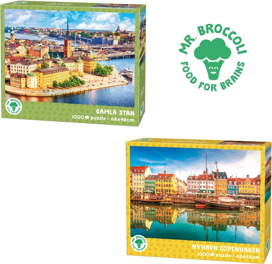 Mr. Broccoli Twin Pack Scandinavie - 2 x Puzzle 1000 Pièces Adultes - Nyhavn & Gamla Stan - Puzzle Villes - FSC® - 68 x 48 cm