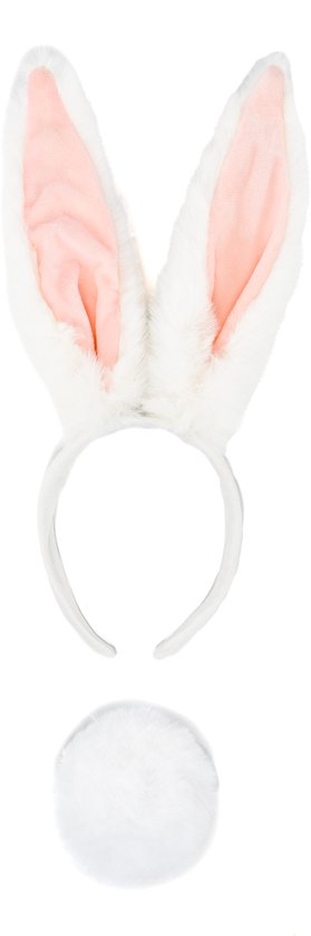 Witte konijnenoren op een diadeem met roze binnenkant en een pluizige witte staart.