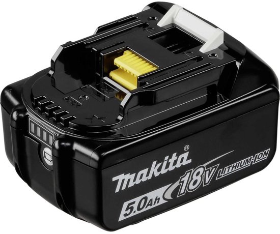 Zwarte 18V 5.0Ah Makita Li-ion accu met gele ontgrendelingsknop.