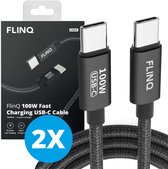 FlinQ - 2x USB C naar USB C Kabel 100W - Snellader voor Smartphone, Tablet - Zowel Datakabel als Oplader - 2 Meter Lange Nylon Oplaadkabel