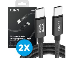 FlinQ - 2x USB C naar USB C Kabel 100W - Snellader voor Smartphone, Tablet - Zowel Datakabel als Oplader - 2 Meter Lange Nylon Oplaadkabel