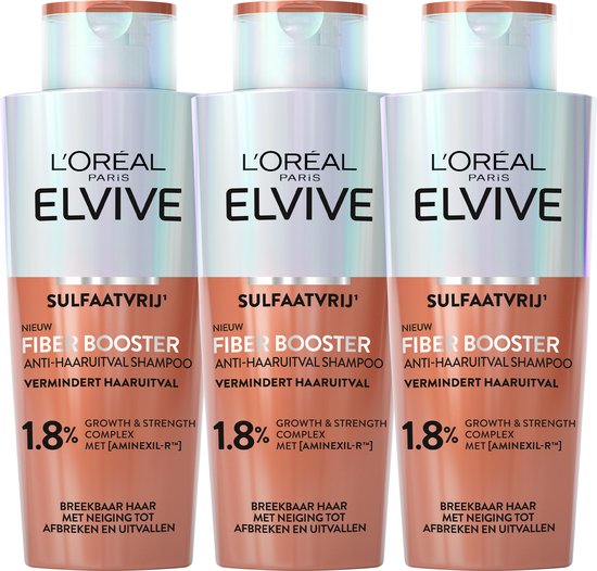 L'Oréal Paris Elvive Fiber Booster Anti-Haaruitval Shampoo - Vermindert haaruitval - Voor breekbaar haar met neiging tot afbreken en uitvallen - 3x 200ml