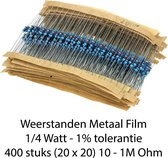 Weerstanden kit - 400 stuks (20x20) - metaal film - 1/4 Watt - 1% tolerantie - 10/1M Ohm