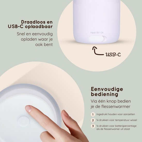 Lovinoo Flessenwarmer Pro 2024 - Flessenwarmer Onderweg - Draagbare Flessenwarmer - Flesverwarmer - Babyvoeding - Flessenwarmers - 4 Temperatuurniveaus - Flessenwarmer Draadloos - USB Oplaadbaar - Incl. 5 Adapters - 13.200 mAh - Wit van Lovinoo — afbeelding 3