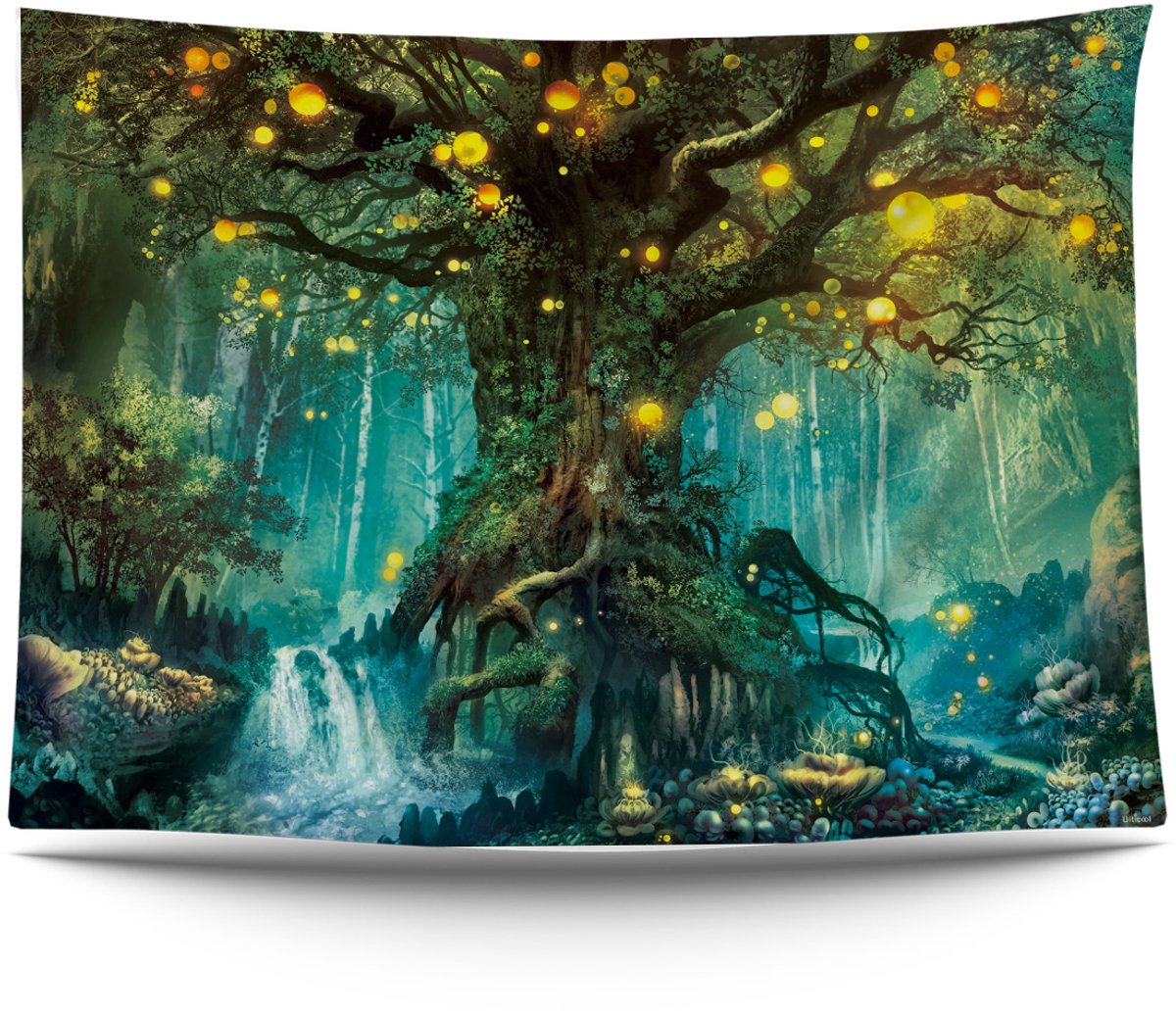 Ulticool Wandkleed 200x150 cm – Sprookje Elf Boom Bos Natuur – Met Bevestigingspinnen - voor Binnen / Buiten - Tuinposter Wandtapijt Decoratie Sprookjesboom Waterval Jungle - Idee Decoratie Buiten Versiering