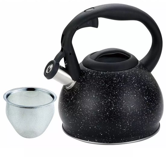 Bouilloire Kinghoff avec passoire - Acier inoxydable 1,2 L - Design marbre Zwart - Compatible tous Plaques de cuisson dont induction - Théière - Bouilloire sifflante