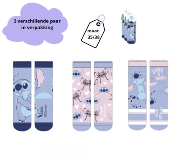 Lilo en Stitch Sokken - Maat 35/38 - Kindersokken - Lilo en Stitch Kleding - Sokken - 3 Paar - Grappige Sokken - Sokken Kinderen - Kindersokken Jongens en Meisjes - Disney Sokken Kind - Cadeau Meisje
