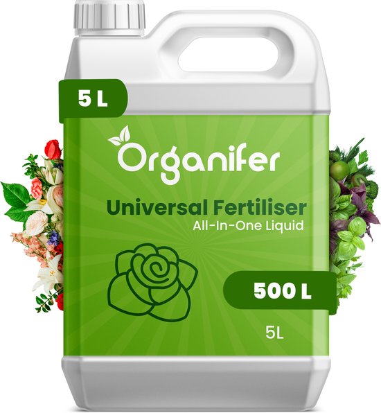 Witte kunststof jerrycan van 5L met groen etiket voor universele meststof van Organifer.