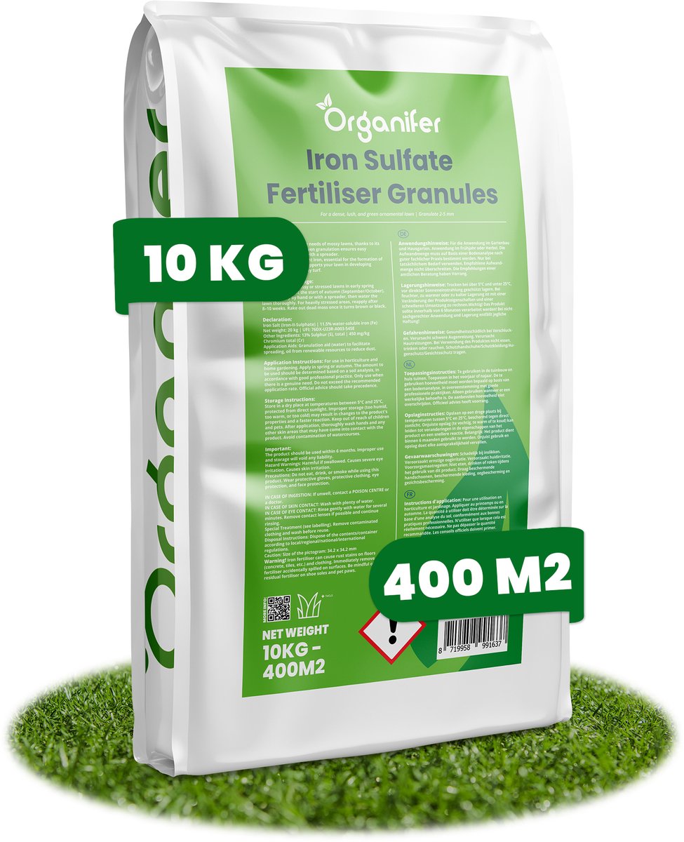 IJzersulfaat Meststof (10kg, 500m2) - Mos Verwijderaar - IJzersulfaat Tegen Mos - Ontmosser - Meststof - IJzersulfaat Voor Gazon - Organifer
