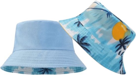 Bucket Hat - Omkeerbaar Vissershoedje - Dubbellaags - Lichtblauw & Palmboomprint - Reversible - Hoofdomtrek 54-56 cm - Dames - Heren - Regenhoedje - Zonnehoedje - Emmerhoed - Hoed - Unisex