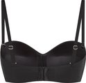 Zwarte strapless beugel-bh, achterkant met haakjes en oogjes en verstelbare bandjes.