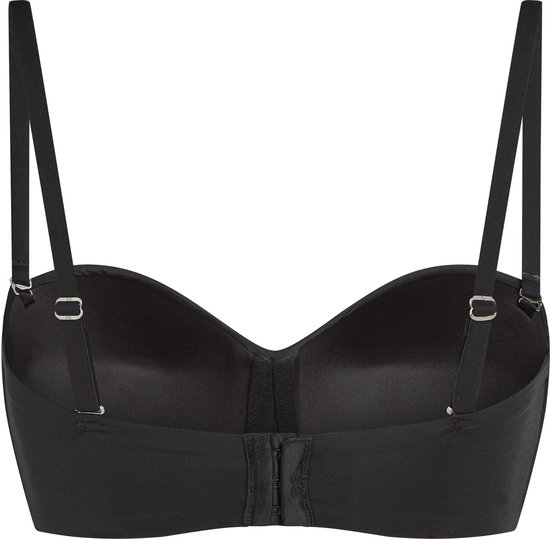 Zwarte strapless beugel-bh, achterkant met haakjes en oogjes en verstelbare bandjes.