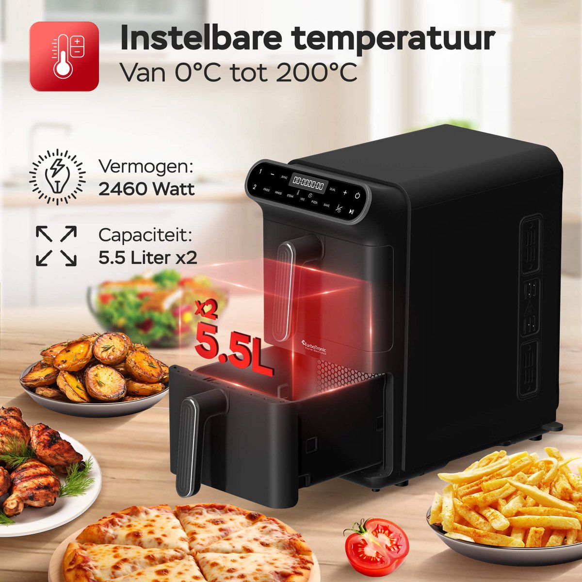 Afbeelding 3 van Turbotronic AF-500D - Dubbele Airfryer - 11L - Airfryer XXL - Heteluchtfriteuse - Dual Heating - 50ºC tot 200ºC - 6 Kookprogramma's - Zwart