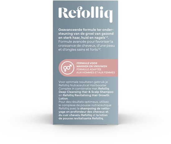 Refolliq productinformatie. Formule voor mannen en vrouwen. Ondersteunt groei van gezond haar, huid en nagels. Gebruik met shampoo en lotion.