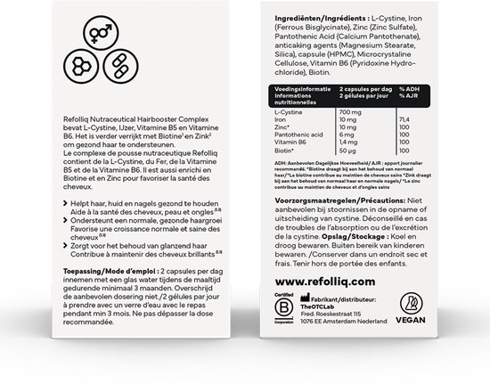Refolliq Nutraceutical Hairbooster Complex productinformatie en ingrediënten. L-Cystine, Zink, Biotine. Dosering en gebruik. Vegan.