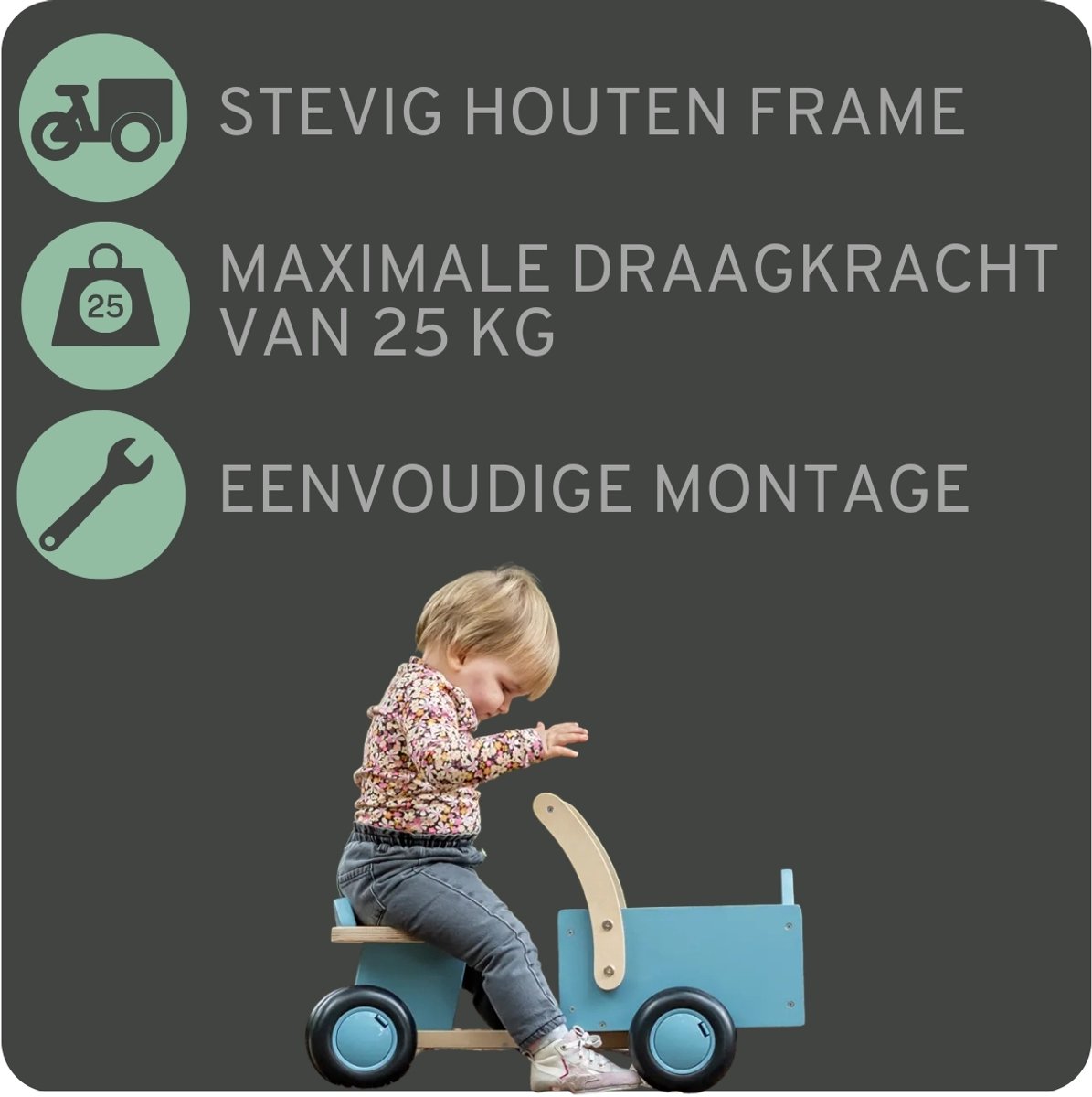 Bandits & Angels Bakfiets Loopfiets Hout Little Rider Retro Blue vanaf 1 jaar - Voor Jongens - Ride-On Houten Bakfiets - Houten Loop Fiets Blauw - Geluidsarme Wielen - Kraamcadeau — afbeelding 8