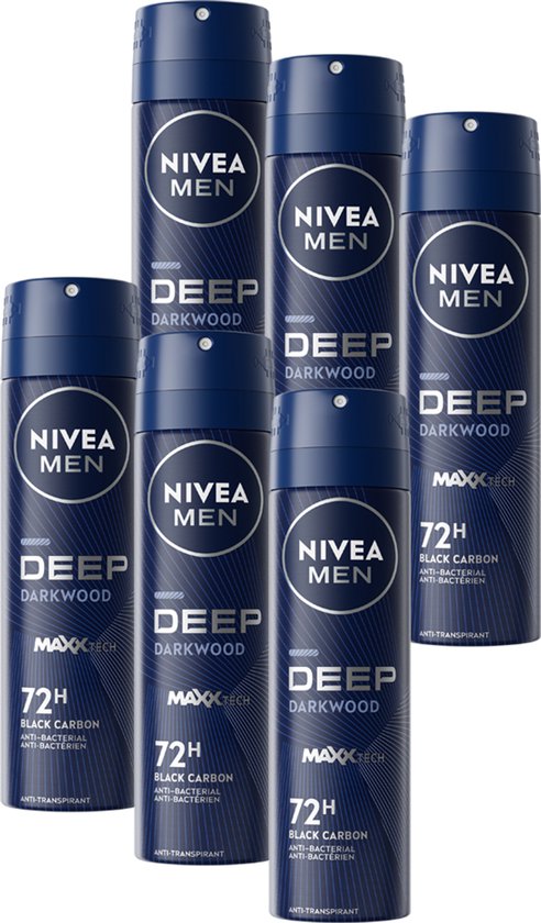 NIVEA MEN Deep Deodorant Spray - Dark Wood geur - Met black carbon - Beschermt 72 uur - Antibacterieel en alcoholvrij - 6 x 150ml - Voordeelverpakking