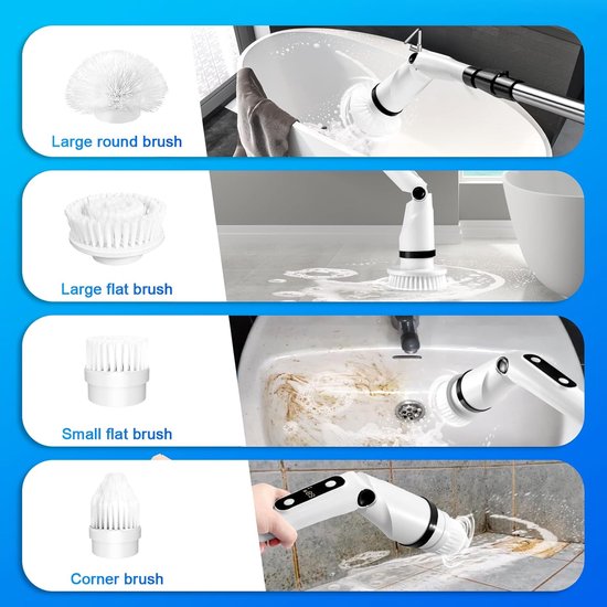 TAIRDA Brosse à récurer électrique 1000 TR/Min pour Batterie Makita 18 V (sans Batterie), Brosse rotative sans Fil avec 8 brosses, Longue poignée réglable, pour Nettoyer Salle de Bain, Baignoire
