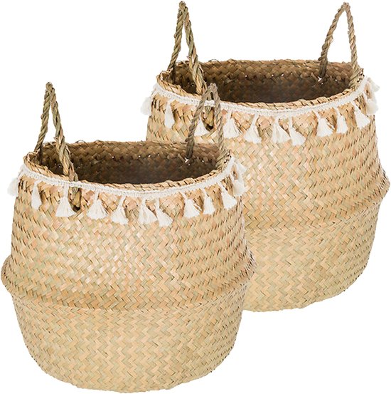 Panier de rangement Atmosphera Ibiza - 2x - rond - osier - naturel - 30 x 37 cm - pliable - panier de décoration