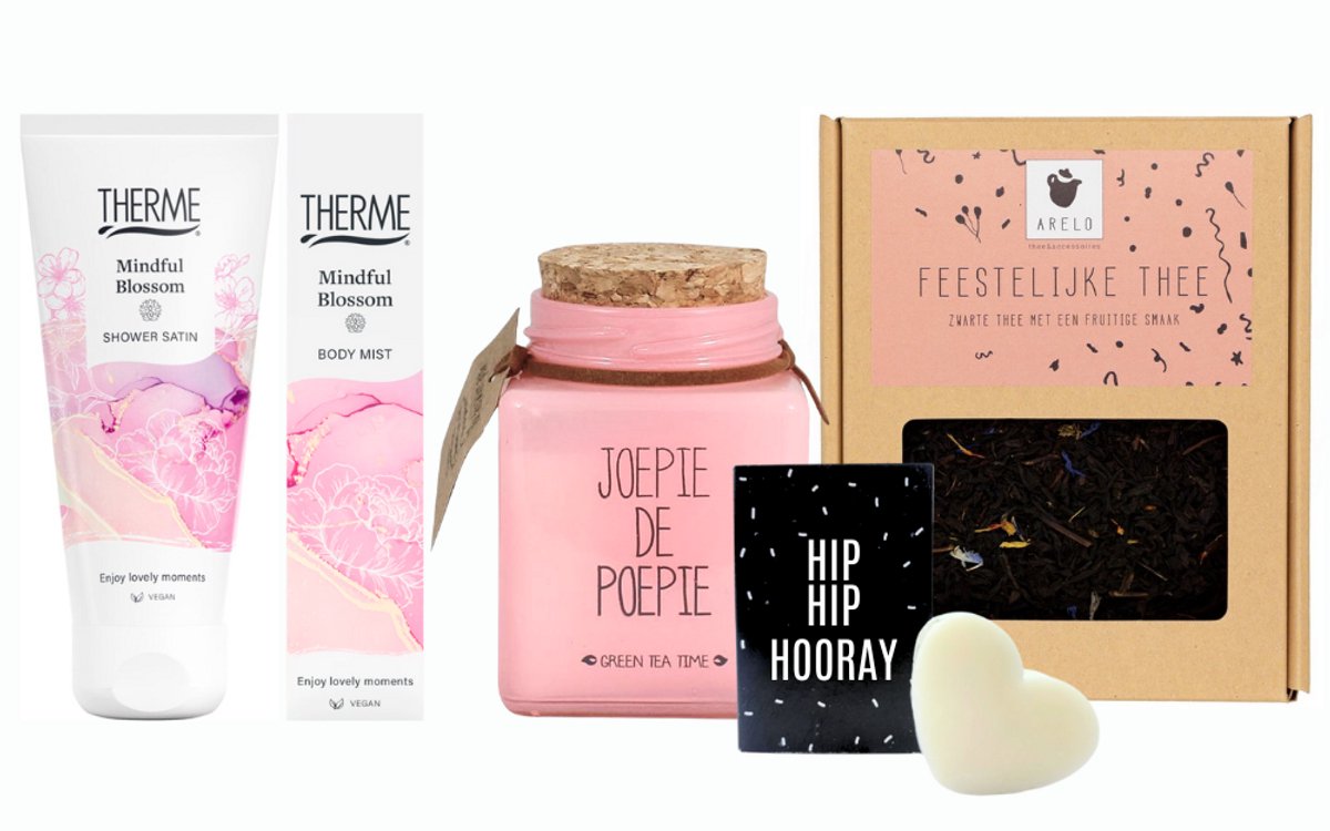 Therme Cadeauset Mindful Blossom Feest - Therme Body Mist 60 ml Mindful Blossom - Therme Shower 200 ml Mindful Blossom - My Flame Kaars Glazen Pot "Joepie" - ARELO Feestelijke thee