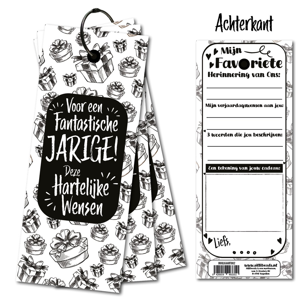Invulkaart voor een fantastische jarige - Invulkaarten set van 15 stuks - met sluitring - invulkaartjes om af te geven - Verjaardagswensen - Zwart Wit