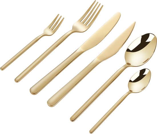 Deleca 6 Persoons Luxe RVS Bestekset Amor (36-delig) - Lepels, Messen, Vorken, Steakmessen & Gebaksvorkjes - Vaatwasserbestendig - Goud Design Bestek - 18/0 Edelstaal