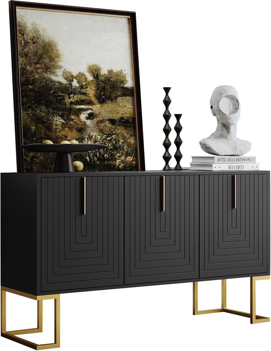 Modern 3-deurs dressoir met verstelbare planken - U-vormige kastdeuren en metalen handgrepen en voet - zwart