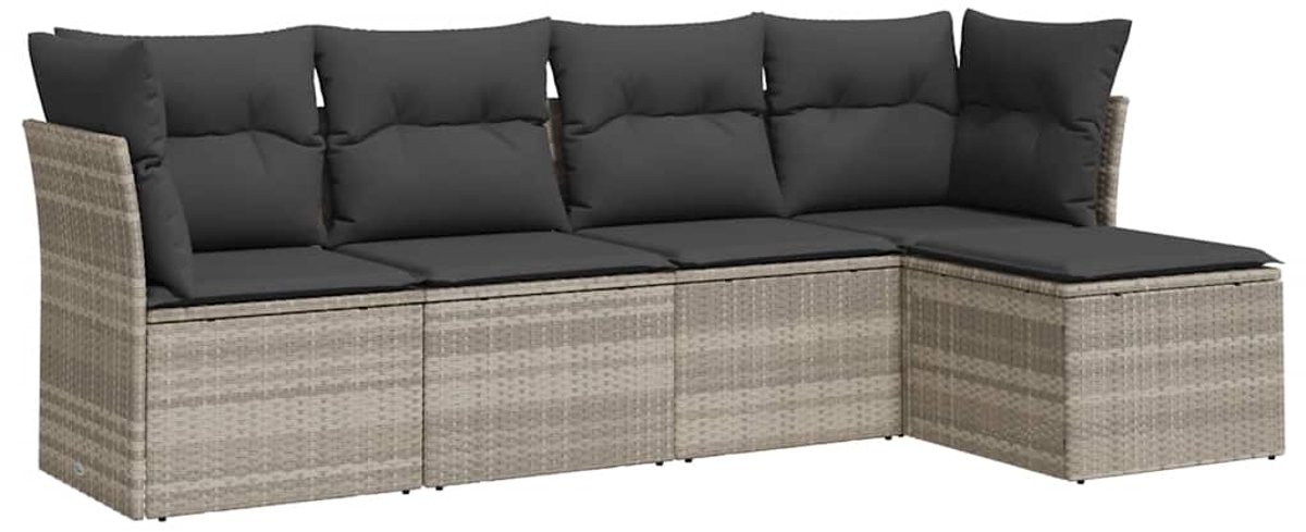 The Living Store 5-delige Loungeset met kussens poly rattan lichtgrijs - Loungebank - Tuinstoel - Lounge Set - Buitendecoratie - Outdoor Furniture