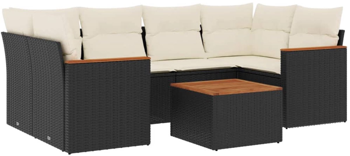 The Living Store 7-delige Loungeset met kussens poly rattan zwart - Loungeset - Tuinmeubels - Lounge Set - Buitendecoratie - Outdoor Furniture