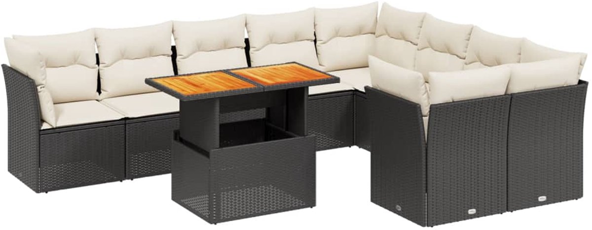 The Living Store 10-delige Loungeset met kussens poly rattan zwart - Loungebank - Tuinset - Lounge Set - Buitendecoratie - Tuinmeubels