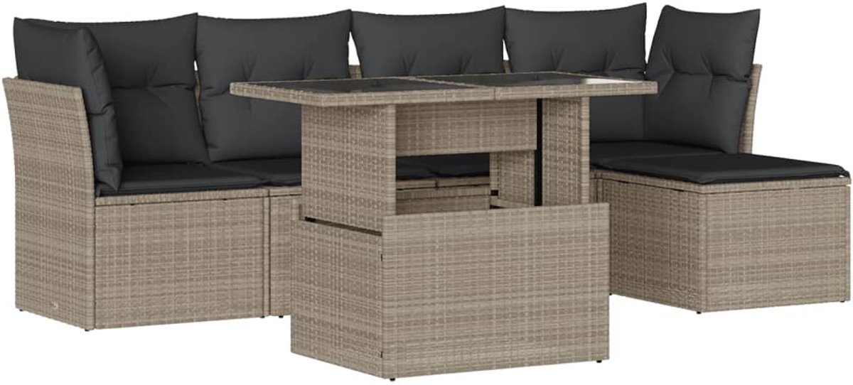 The Living Store Loungeset poly rattan lichtgrijs met kussens.