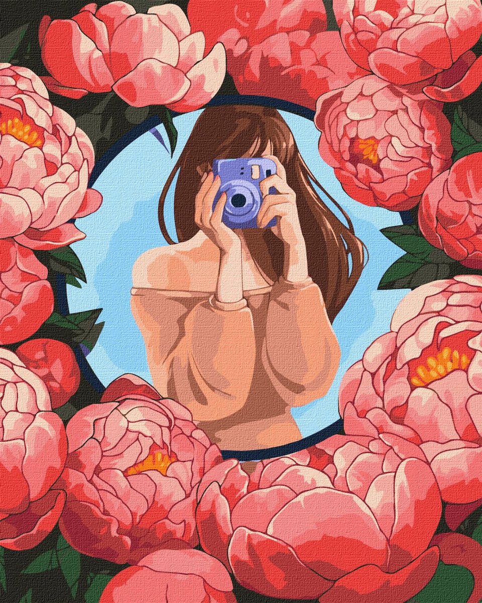 Schilderen op Nummer voor Volwassenen - Meisje met Camera en Bloemen - op Frame - 40x50 cm - Moeilijkheidsgraad 3/5