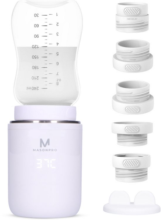 MasonPro Flessenwarmer Pro 2024 – Flessenwarmer Onderweg - Draagbare Flessenwarmer - Flesverwarmer - Babyvoeding – Flessenwarmers – 4 Temperatuurniveaus - Flessenwarmer Draadloos – USB Oplaadbaar – Incl. 5 Adapters - 13.200 mAh - Wit