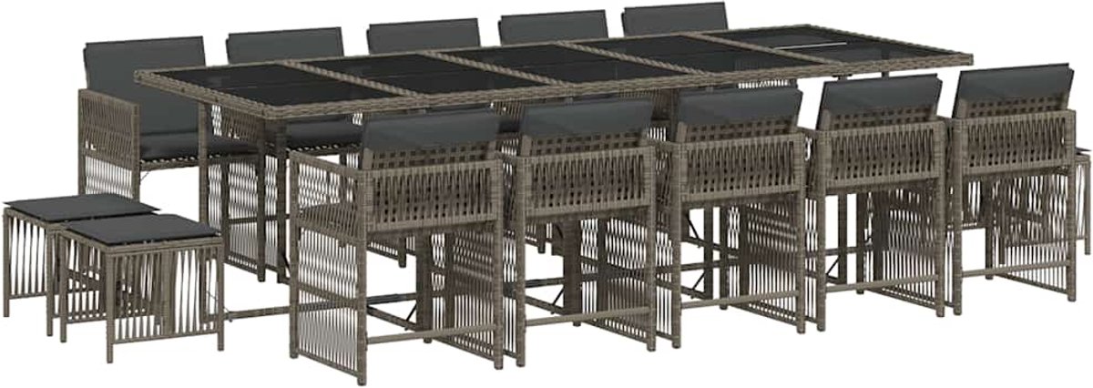 The Living Store 15-delige Tuinset met kussens poly rattan grijs - Tuin Set - Buitentafel - Eetkamerset - Lounge Set - Outdoor Furniture