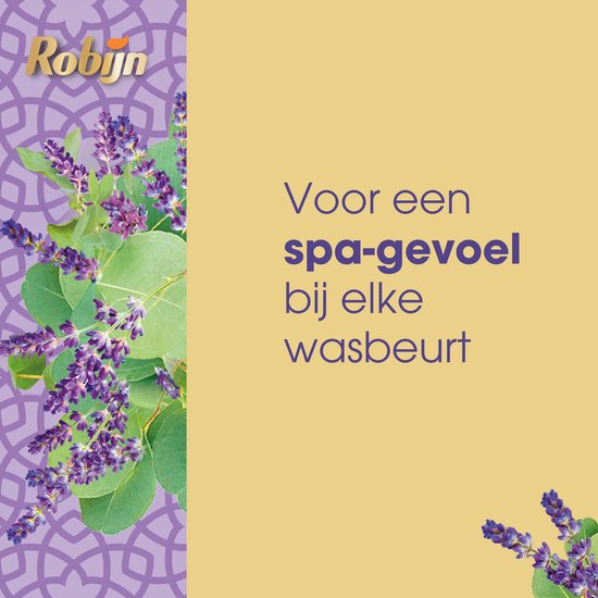Robijn wasmiddel met paarse lavendelbloemen en eucalyptusbladeren, "Voor een spa-gevoel bij elke wasbeurt".