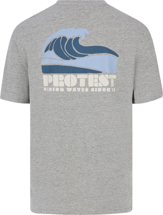Grijze t-shirt met blauwe golfontwerp en tekst 'PROTEST RIDING WAVES SINCE 03' op de rug.