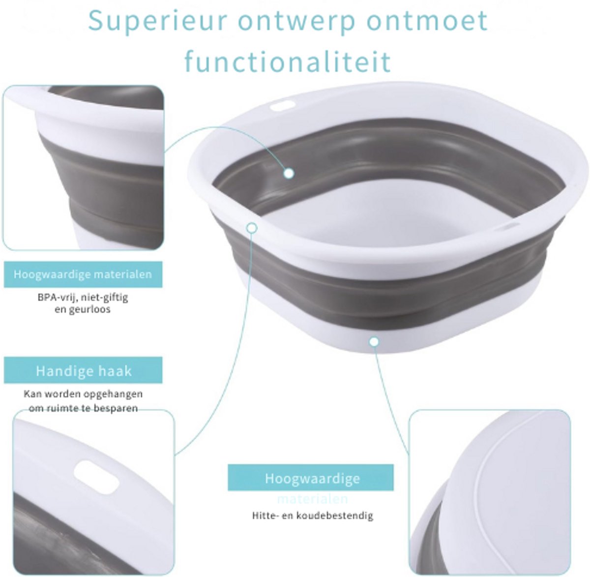 2 stuks opvouwbare wasbak, opvouwbare wasbak, wasbak met ophanggat, ideaal voor wandelen, reizen, picknick, kamperen, caravans, buitenactiviteiten, keuken, zomerkamp, Hawaii (grijs