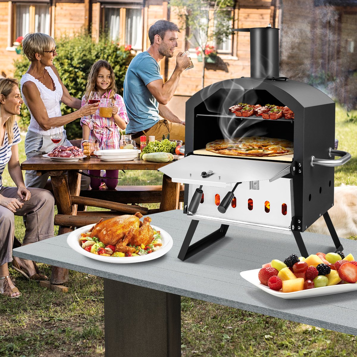 COSTWAY Outdoor pizzaoven, 2-laags pizzaoven met grillrooster, pizzasteen, pizzaschep, waterdichte afdekking, hittebestendige handgrepen en inklapbare poten, voor picknick, feest, camping – foto 6