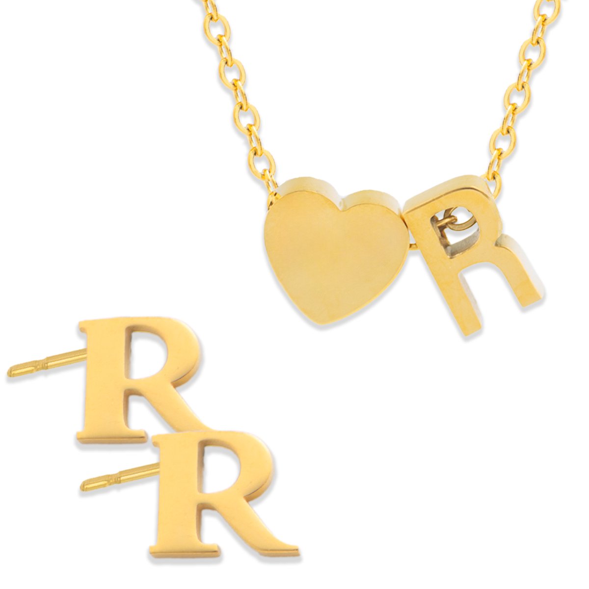 Initiaal Ketting & Oorbellen set met Letter R Goudkleurig - Stainless Steel - Met letter & Hartje! - 2x Sieraden Cadeau - Pax Amare