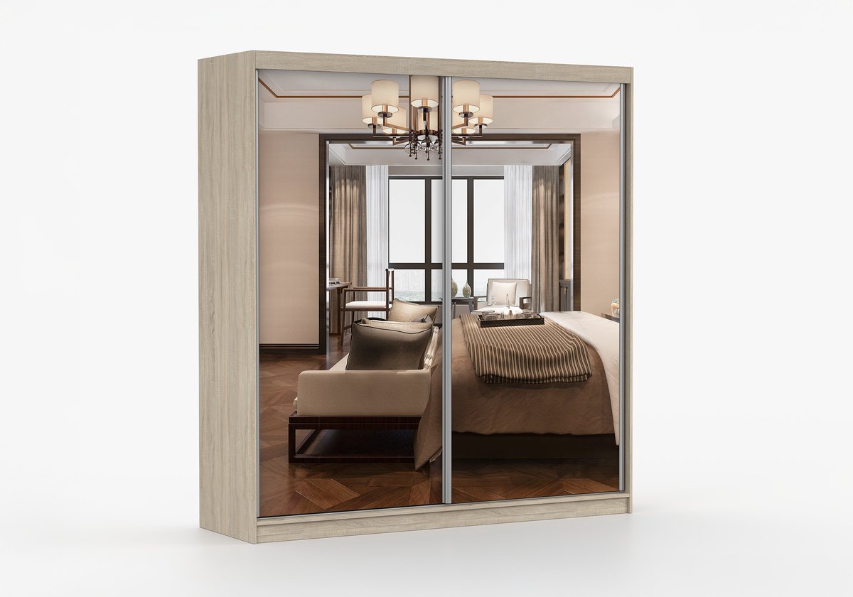 Schuifdeurkast BEN 20 203cm – 2-deurs kledingkast met spiegel, legplanken en kledingroede – modern design – 203x218x61 cm - BEN 20 203cm (Sonoma)