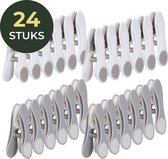 Een groep van 24 grijze en witte wasknijpers op een witte achtergrond. Het woord "24 STUKS" is zichtbaar in een groene cirkel.