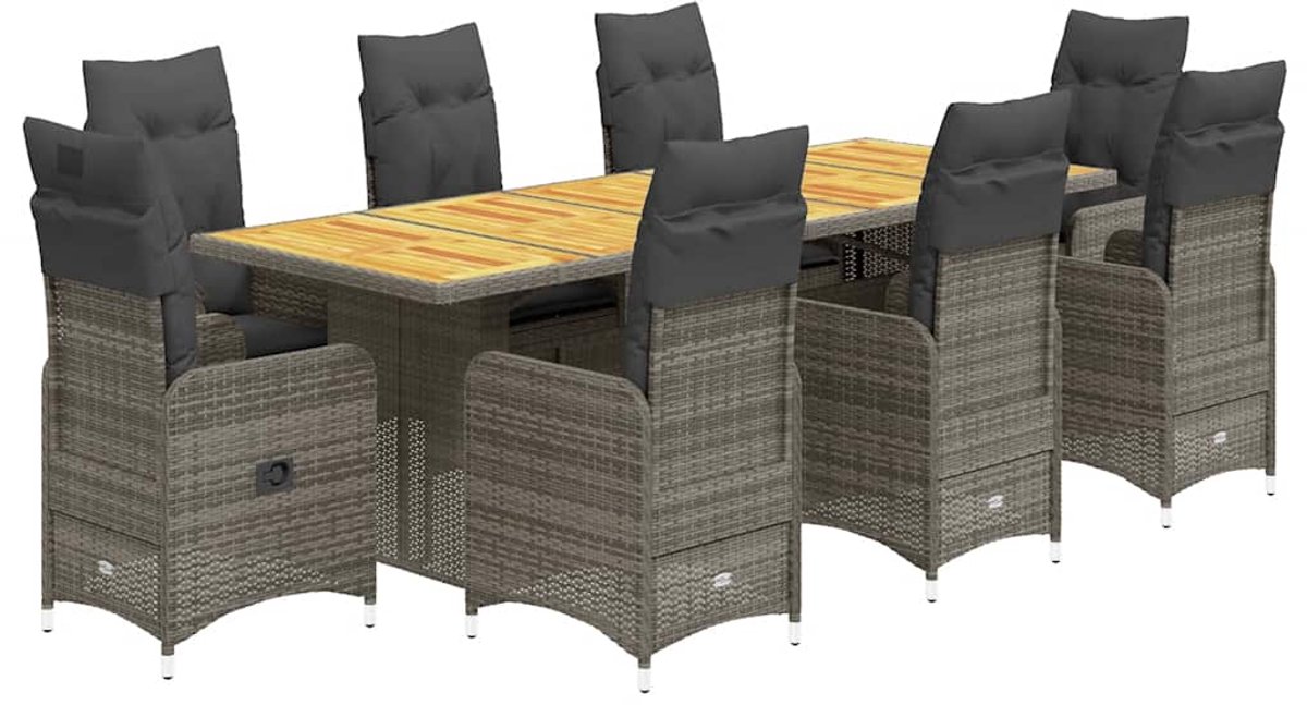 The Living Store 9-delige Bistroset met kussens poly rattan grijs - Tuinstoelen - Lounge Set - Buitendecoratie - Terrasdecoratie - Bistroset
