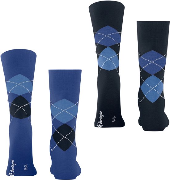 Twee paar blauwe Burlington sokken met ruitpatroon in verschillende blauwtinten, zwart en wit.