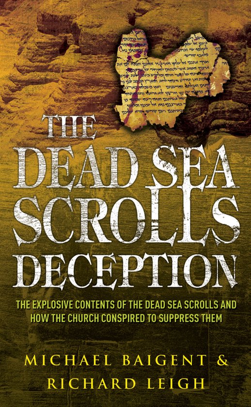 Boekomslag met de titel 'The Dead Sea Scrolls Deception' tegen een rotsachtige achtergrond, met Hebreeuwse tekst.